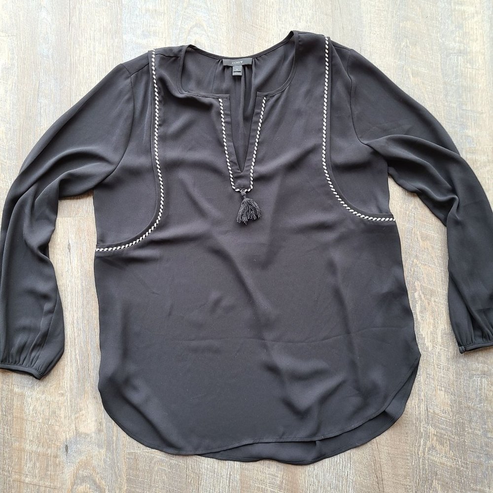 J. Crew Flowy Blouse Tassle Detail Black Size 6